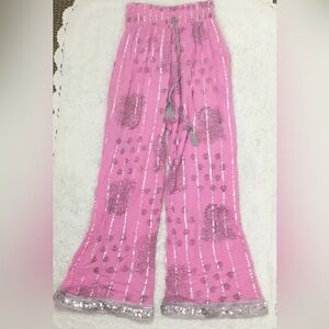 One Size Pink Silver Stripe Boho Festival Pants from Ashley Taylor